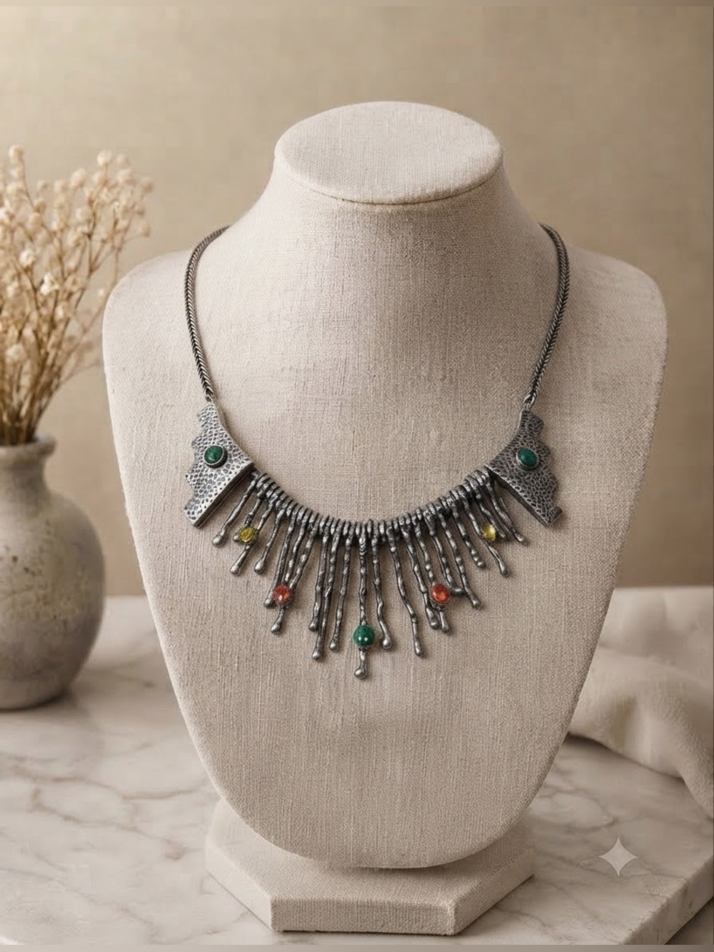 Vtg Taxco Mexico 950 Silver Multi-Gemstone Bib Necklace